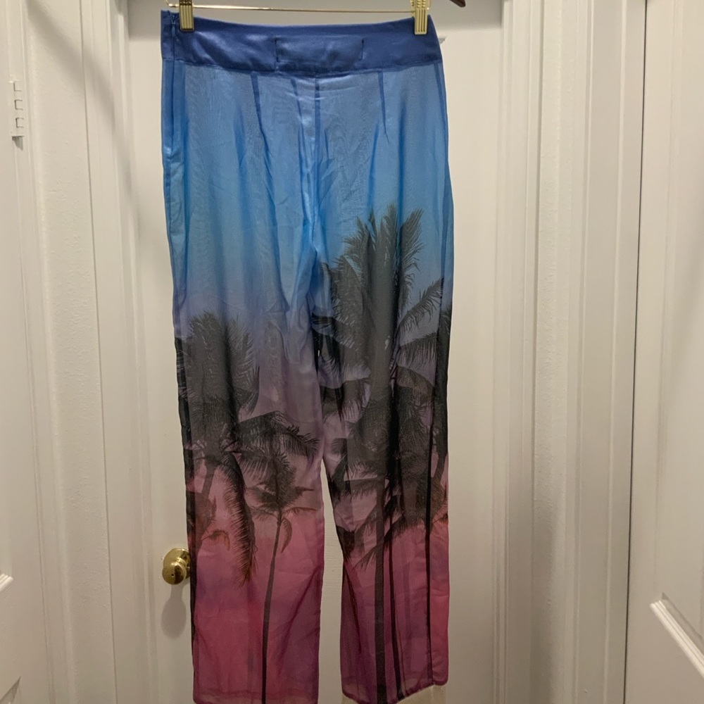 100% silk Paris Boutique Palm Tree Ankle Pants with Fringes at bottom